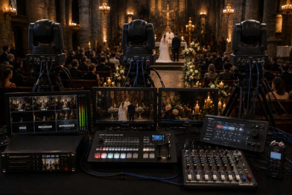R&eacute;gie de captation 4K avec trois cam&eacute;ras PTZ Sony lors d'un mariage dans une &eacute;glise