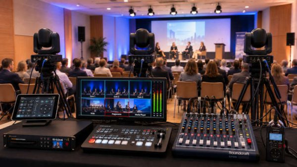 R&eacute;gie de captation multicam&eacute;ra avec trois cam&eacute;ras PTZ lors d'une conf&eacute;rence